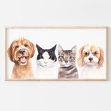 Four pet watercolor portrait print, Custom pet painting from photo, Dog portrait, Cat portrait, 4 pet portrait, Hand painted pet portrait