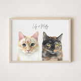 Two Pet Watercolor Portrait, Cat painting custom from photo, Pet portrait print , Cat portrait custom painting, 2 pet portrait custom